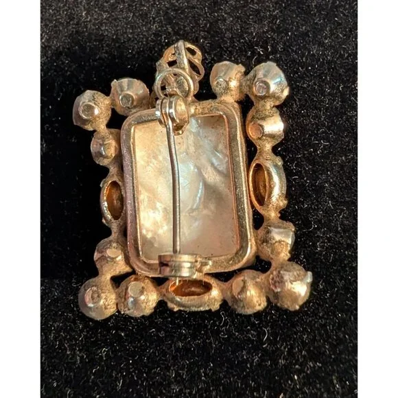 Vintage Pink Green Rhinestone Brooch Pendant Filigree Flower Mother of Pearl - Picture 9 of 14